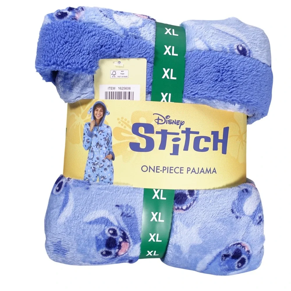Disney Stitch One Piece Pajama Women XL 16-18 Blue Plush Fleece Hooded Sleeper - Picture 1 of 7